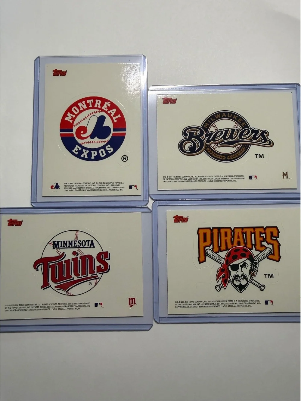 2001 Topps MLB Baseball Team Logo StickerCards - Expos, Brewers, Twins & Pirates